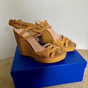Stuart Weitzman Wedge Sandals Size 9 Tan Brown Espadrilles Braided Ankle Straps